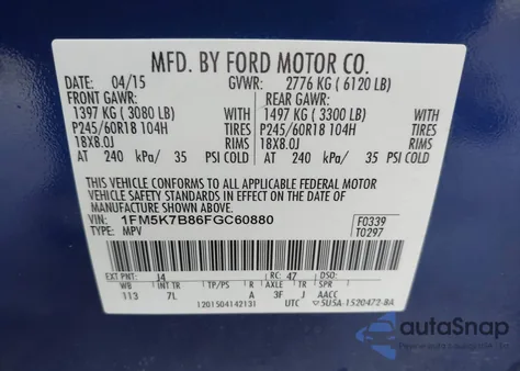 2015 Ford Explorer from USA, damaged, VIN 1FM5K7B86FGC60880